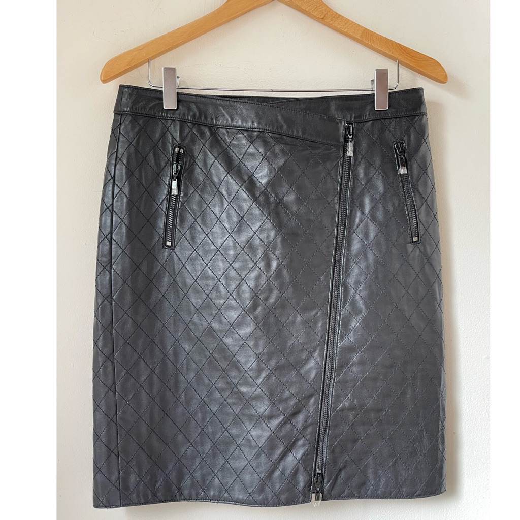 Worth New York Leather Asymmetrical Black Quilted 2-Way Zipper Mini Skirt 6
